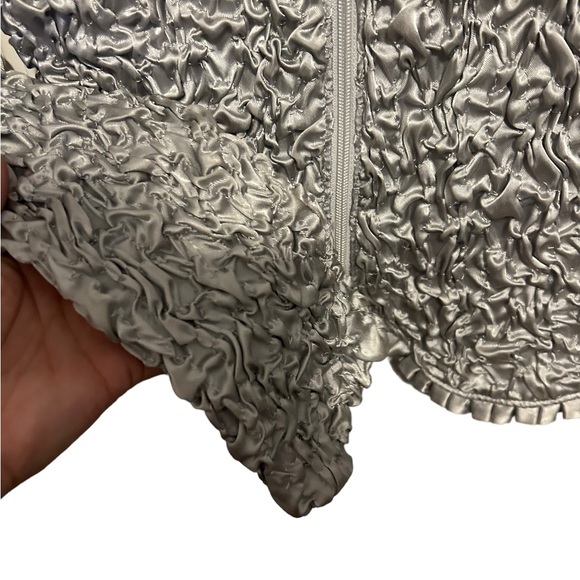 Joseph Ribkoff CRINKLE SILVER
SATIN V-Neck RUFFLE DETAIL Zip
Up BLAZER size 10 - Picture 2 of 8